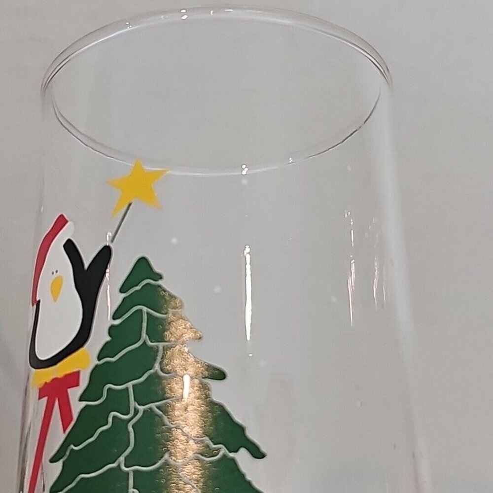 Christmas Tree & Penguins Glass Tumbler 6" holiday Santa hat 14oz set of 4 - Picture 9 of 10